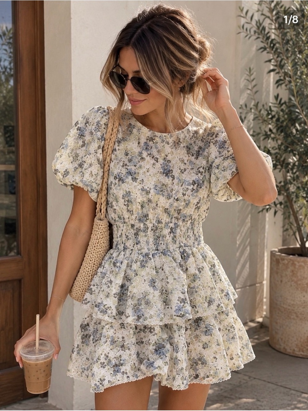En Saison Blue & Cream Floral Smocked Tiered Mini Dress